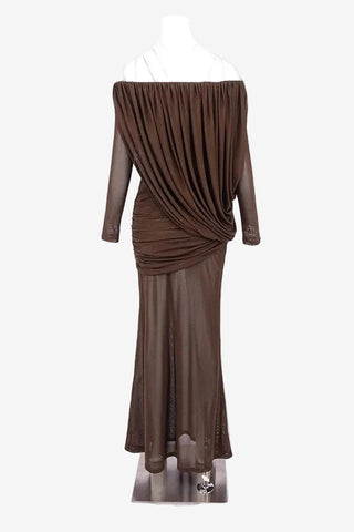 Off-Shoulder Draped Mesh Long Sleeve Long Dress