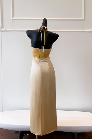 Satin Halter Long Dress with Crystal Detail Sleeveless