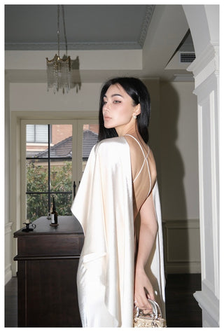 Satin Cape Sleeve Open Back Long Dress
