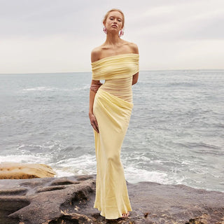 Off-Shoulder Ruched Mesh Cut-Out Long Dress