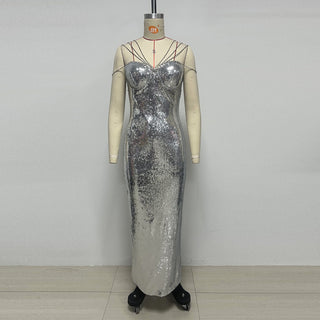 Crystal Strap Sequin Corset Bodycon Long Dress