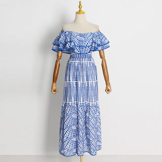Embroidered Off Shoulder Ruffled Long Dress