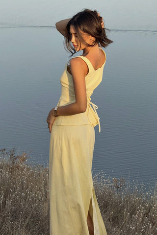 Sleeveless Linen-Blend Peplum Top & Long Skirt Co-Ord Set with Lace-Up Back