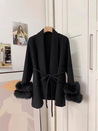 Fur Cuff Belted Knit Cardigan – Long Sleeve Wrap Design
