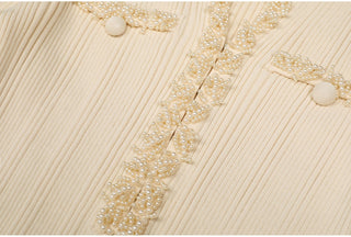 Ribbed Knit Long Dress with Pearl Trim Details & Long Sleeves