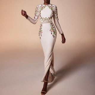 Floral Beaded Long Sleeve Long Dress with Crystal Embellishment