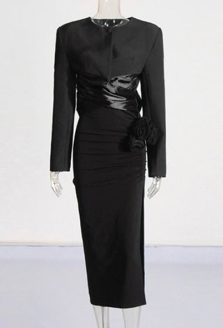 Satin-Waist Wrapped Blazer with 3D Rose Detail Midi Skirt