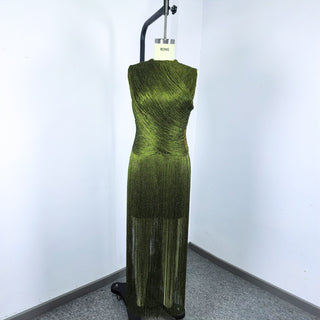 Metallic Fringe High Neck Sleeveless Long Dress