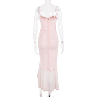 Sleeveless Stretch Mesh Long Dress with Front Cut-Out
