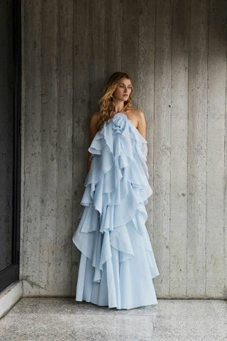 Floral Ruffle Organza Long Dress with Halter Neck