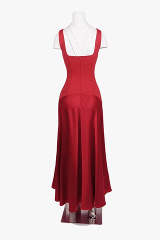 Square Neck Fitted Bodice Long Dress with Flared Satin Skirt