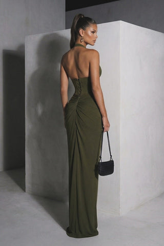 Halter Neck Corset Sleeveless Long Dress with Draped Slit