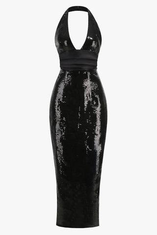 Sequin Halter Neck Long Dress with Open Back and Slit