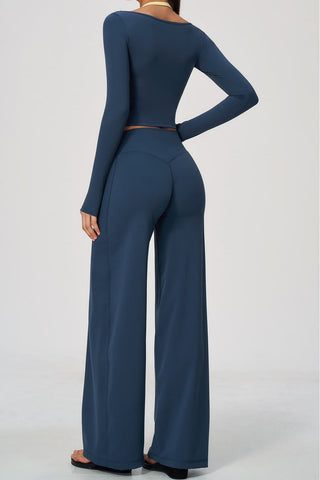 Scoop Neck Long Sleeve Top & Wide-Leg Pants Set