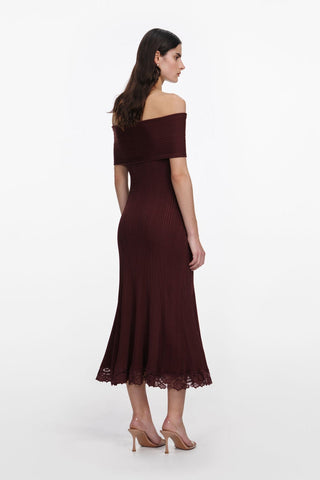 Luxe Ribbed Knit Off-Shoulder Lace Panel Long Dress