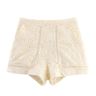 Floral Eyelet Cotton Two-Piece Set – Long Sleeve Shirt & High-Waist Shorts | Breathable Embroidered Lace