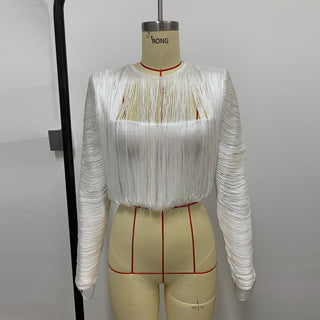 Fringe Long Sleeve Crop Top & High Waist Long Skirt Set