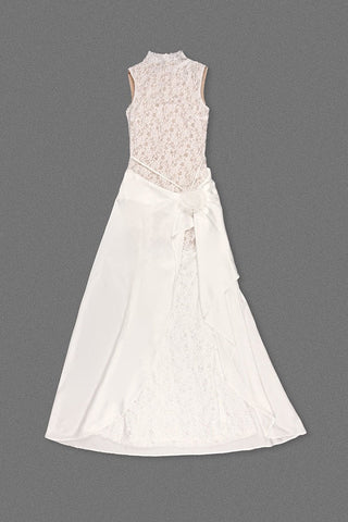 Sleeveless High Neck Lace & Draped Satin Rosette Long Dress
