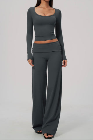 Scoop Neck Long Sleeve Top & Foldover Wide-Leg Pants Set