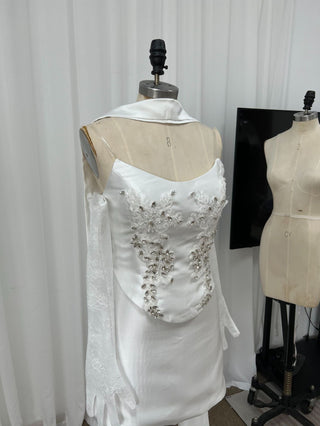 Embellished Satin Corset Mini Dress with Lace Gloves & Scarf