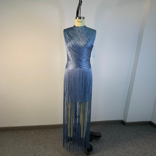 Metallic Fringe High Neck Sleeveless Long Dress