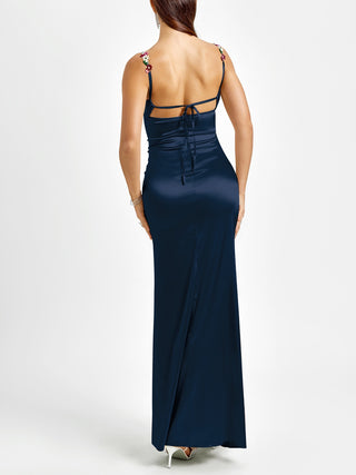 Floral Strap Satin Long Dress with Sleeveless Cowl Neck Design