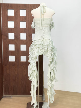 Corset Halter Asymmetric Ruffle Long Dress with Lace-Up Back