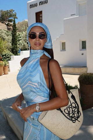Printed Halter Crop Top & Asymmetric Long Skirt Set with Matching Scarf