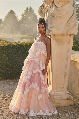 Tiered Lace Long Dress – Layered Ruffle Design, Crisscross Back & Flowy Fit