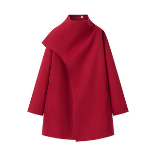 High Neck Asymmetric Wool Blend Coat with Side Pockets