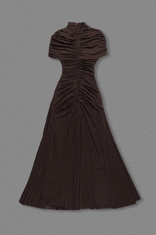 Ruched Mesh Short Sleeve Cut-Out Long Dress