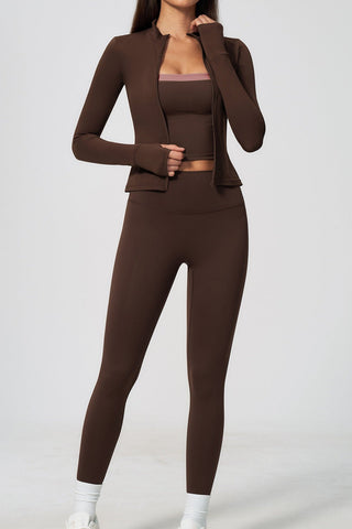 Zip-Up Active Jacket, Bandeau Top & High-Waist Leggings Set