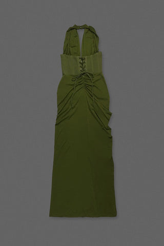 Halter Neck Corset Sleeveless Long Dress with Draped Slit
