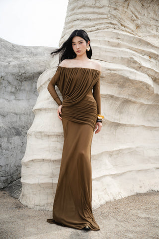 Off-Shoulder Draped Mesh Long Sleeve Long Dress