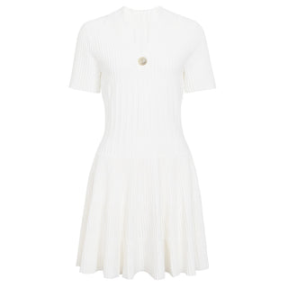 Ribbed Knit Collared V-Neck Short Sleeve Mini Dress with Flared Skirt