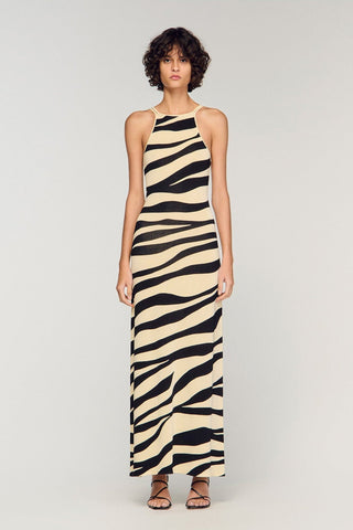 Sleeveless Zebra Print Knit Long Dress with Double Shoulder Straps