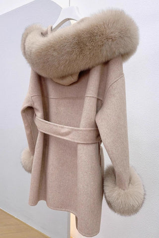 Long Wool Coat with Faux Fur Hood and Cuff Trim – Belted Design