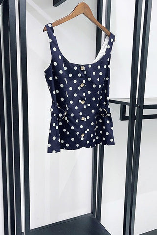 Polka Dot Top & Skort Set – Gold Button Detail, Side Buckle Accent & High-Waisted Skort