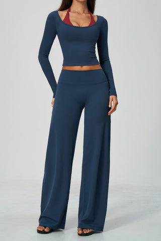 Scoop Neck Long Sleeve Top & Wide-Leg Pants Set