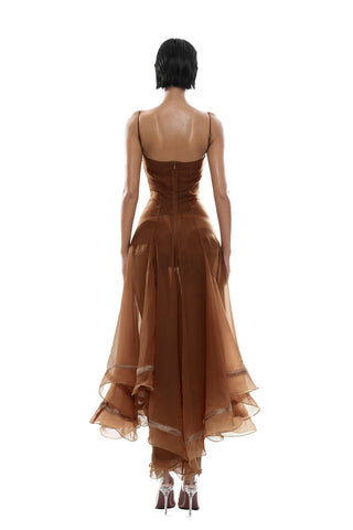 Spaghetti Strap Corset Organza Asymmetric Long Dress with Embroidered Collar Detail