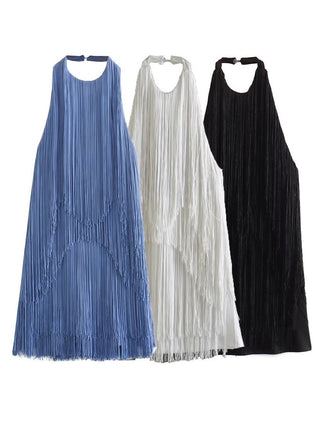 Backless Fringe Halter Mini Dress
