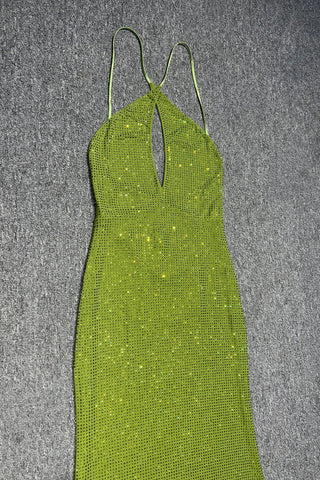 Sparkly Halter Long Dress with Open Back, Bodycon Fit & Rhinestone Details