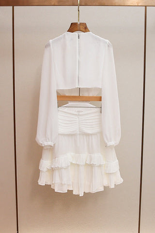 Chiffon Cut-Out Mini Dress – Long Sleeve Pleated Ruffle Dress