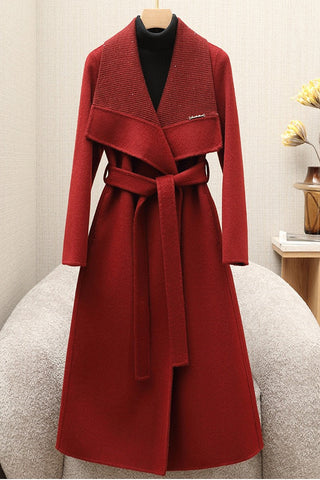 Soft Wool Blend Belted Wrap Long Coat with Wide Collar
