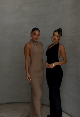 Halter Neck Ruched Open-Back Long Dress