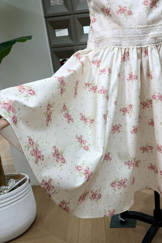 Floral Print Long Dress – Lace Trim, Tie Straps, Defined Waist & Corset Back