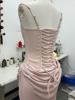 Structured Corset Back Long Dress with Draped Silhouette