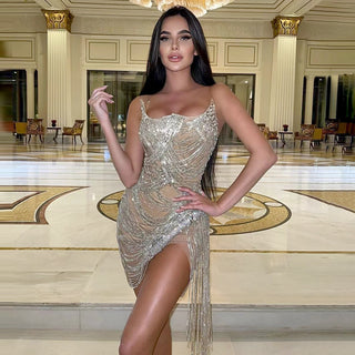 Crystal Chain Fringe Mini Dress with Spaghetti Straps