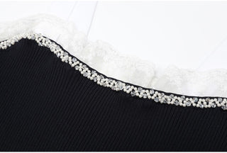 Lace Trim Ribbed Knit Long Dress