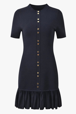 Gold Button Short Sleeve Fitted Mini Dress with Ruffle Hem